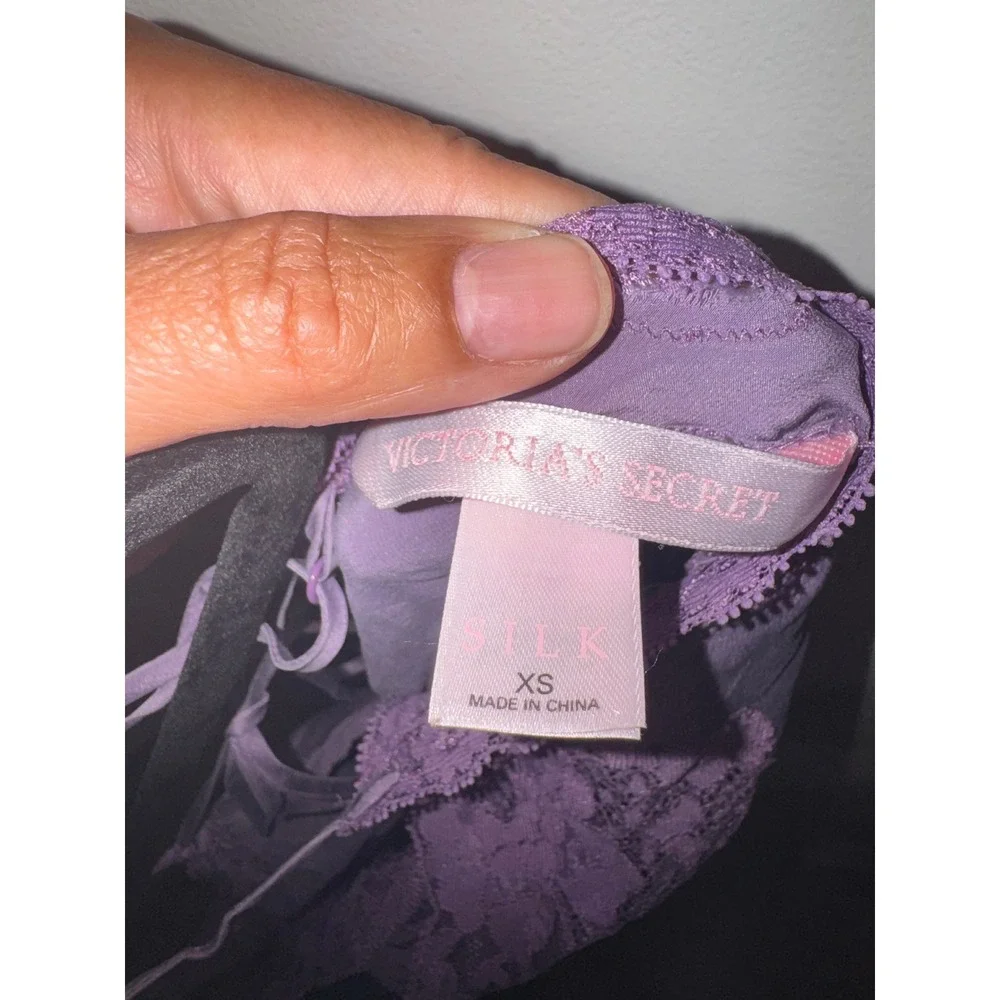 Vtg Y2k Victoria's Secret 100% Silk Lace Trim Purple Slip Babydoll Top XS Fairy - Picture 8 of 9